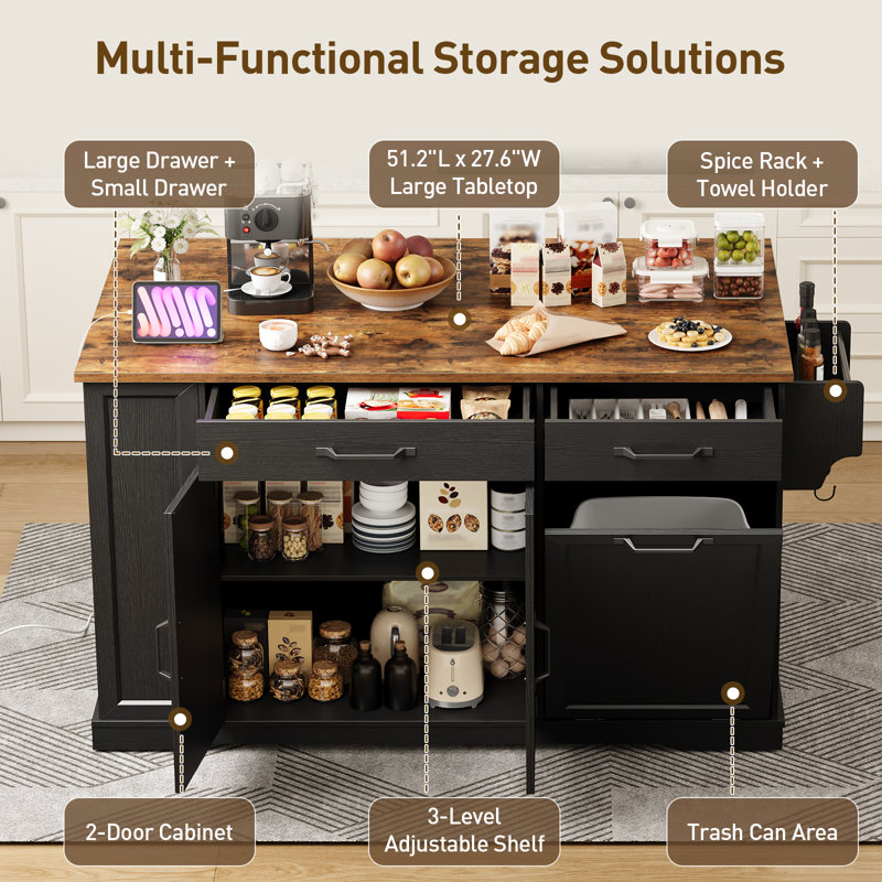 51.2" Kitchen Island with Power Outlet & Drop Leaf, Farmhouse Rolling Kitchen Cart with Trash Storage Cabinet, Black