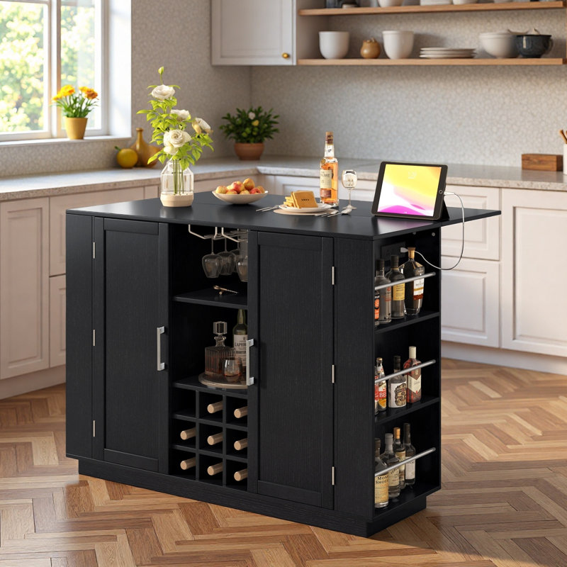 Multifunctional Kitchen Island With Foldable Top, Power Outlet, Wine Rack, Stemware Holder, Open Side Shelves And Adjustable Shelves
