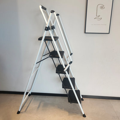 Échelle, tabouret pliant en échelle, avec pédales larges antidérapantes, échelle en acier, avec poignée antidérapante sécuritaire, tabouret en acier portable léger de 330 livres en blanc 5 marches