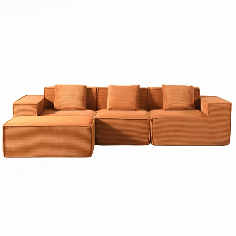 Canapé modulaire convertible en velours côtelé avec repose-pieds et coussins Form, Velours côtelé orange citrouille