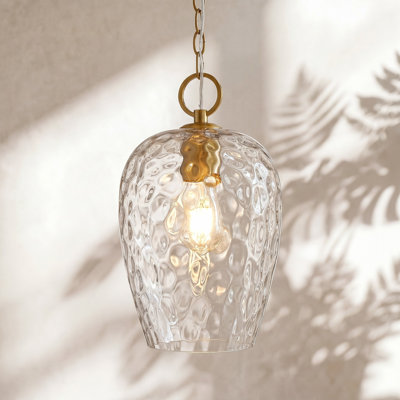 Modern Hammered Glass Pendant Light With Adjustable Chain, Thick Textured Glass Shade