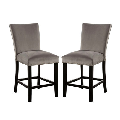 Chaises à hauteur de comptoir 2 pièces, noir et gris, siège rembourré en flanelle, siège de salle à manger de style transitionnel avec garniture cloutée,
