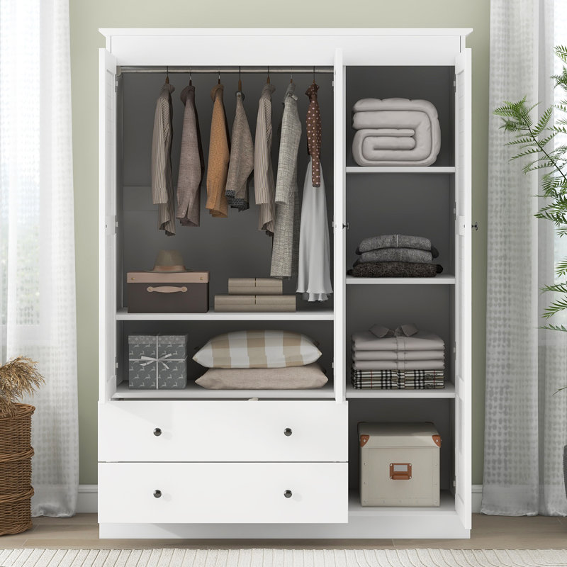  Armoire penderie à 3 portes avec compartiments de rangement et panneaux décoratifs, blanc
