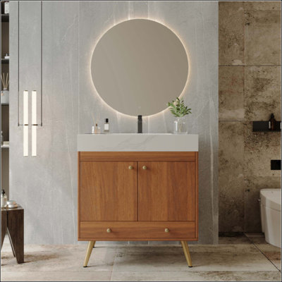 Meuble-lavabo autoportant de style Mid-Century avec comptoir en faux marbre et lavabo en céramique, armoire de rangement à double porte de 30 po, bois d'ingénierie imperméable, pieds dorés