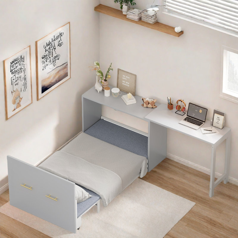 Murphy Bed With Adjustable Position Desk And Foldable Cushion, Gray