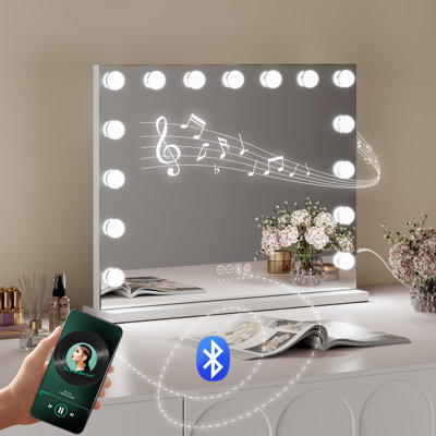 LED Vanity Mirror with 3 Color Lighting Modes Stepless Dimming Bluetooth Speakers and Tabletop or Wall Mounted Design