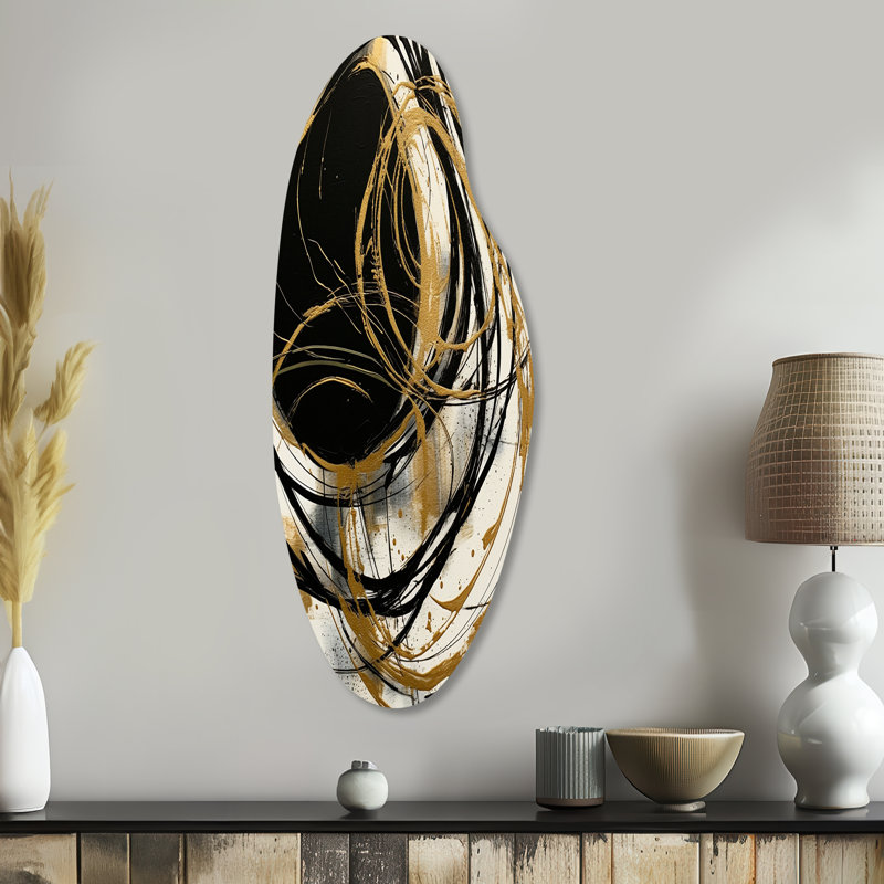 Corayma Black And Gold The Art Of Chaos V - Abstract Painting Asymmetrical Metal Wall Art, Modern Curved Metal Art Print