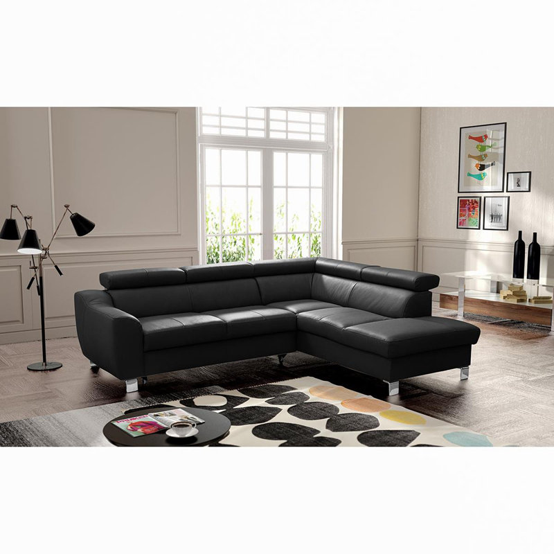Avaiya Leather Corner Sofa with Sleeping Function and Storage, Yes, Right Hand Facing, Black