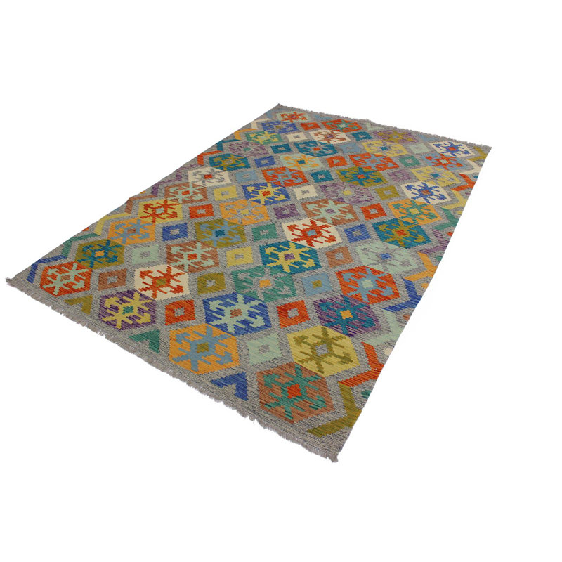 Tapis géométrique gris / vert / violet en laine fabriqué à la main 6 pi 8 po x 9 pi 6 po Madee