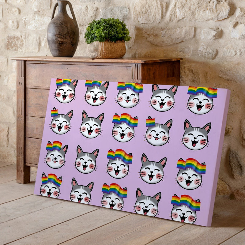La toile crée une illustration numérique vibrante et ludique mettant en vedette un art mural en forme de grille faisant face à des chats de chaque style