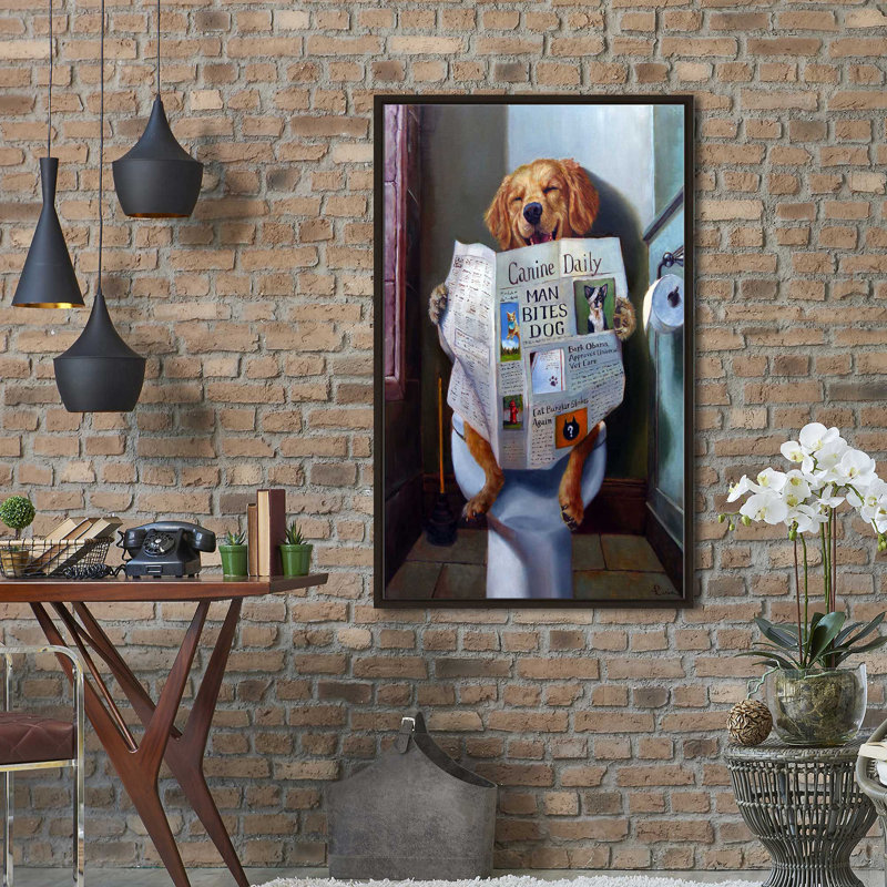 «Dog Gone Funny» par Lucia Heffernan - Peinture, Cadre flottant espresso, H 63,5 po x l 39,5 po x P 2 po
