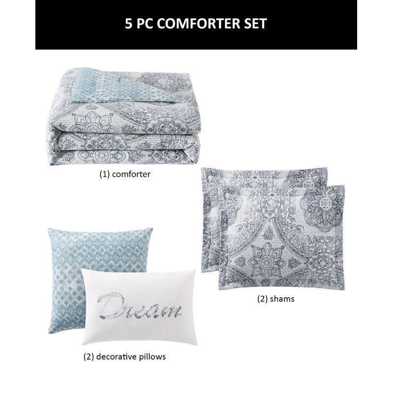 Twin Blue Microfiber Reversible Comforter Set with Geometric Print