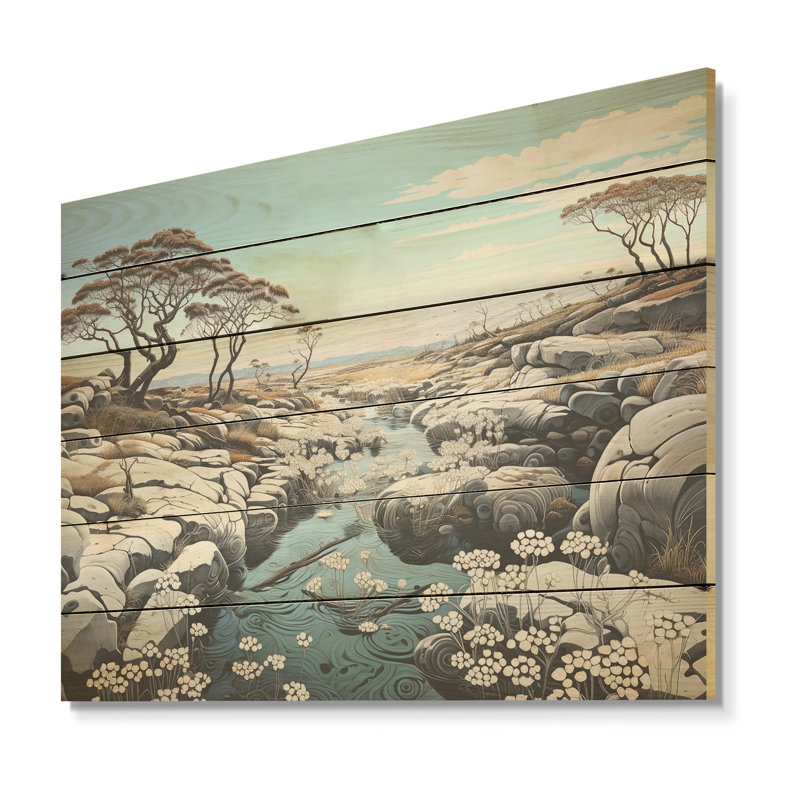 Wild River Landscape - Coastal Coral Under Water Wood, art mural sur bois de pin naturel, H 10 po x l 20 po