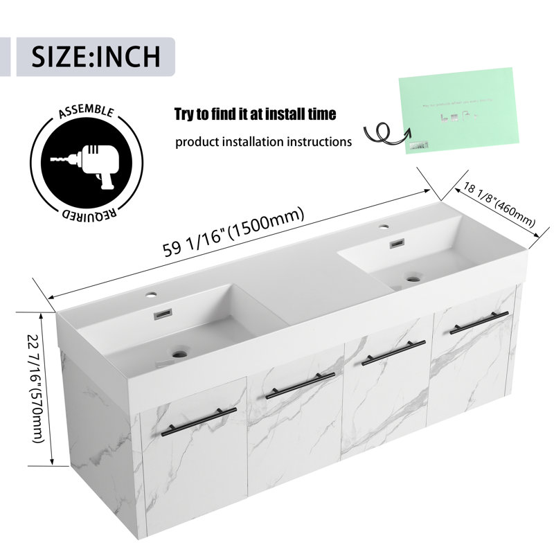 60" Bathroom Vanity with Sink, 60 Inch Floating Vanity, Double Sink Wall Mounted Vanity Combo, Modern Bathroom Vanity Set with 4 Doors and Resin Basin Sink