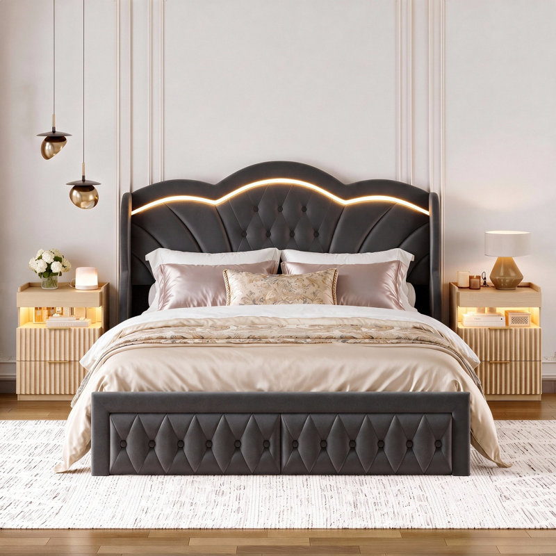 Ensemble de chambre à coucher 3 pièces, lit tapissier à DEL, cadre de lit princesse avec tiroirs, Gray, Grand