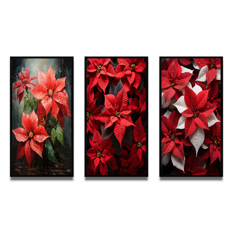 «Red Black Poinsettias Holiday Velvet Patchwork», 3 pièces sur toile, Cadre flottant noir, H 32 po x l 48 po