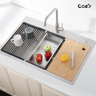 33" L Single Bowl Overmount Handmade Kitchen Sink Stainless Steel Workstation Sink with Cutting Board, Colander, Grid, Dish Rack