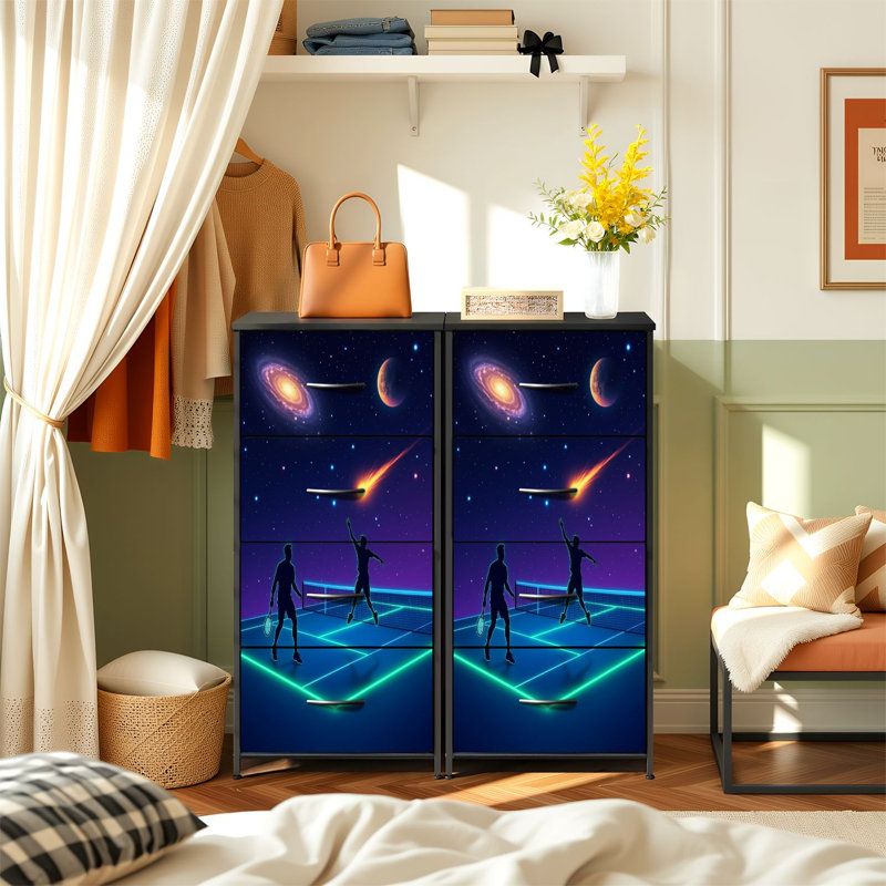 Commode pour chambre à coucher avec 4 tiroirs de rangement Galactic Tennis Match Under Stars Comet Planets Commodes Commode en tissu avec cadre en acier pour vestibule