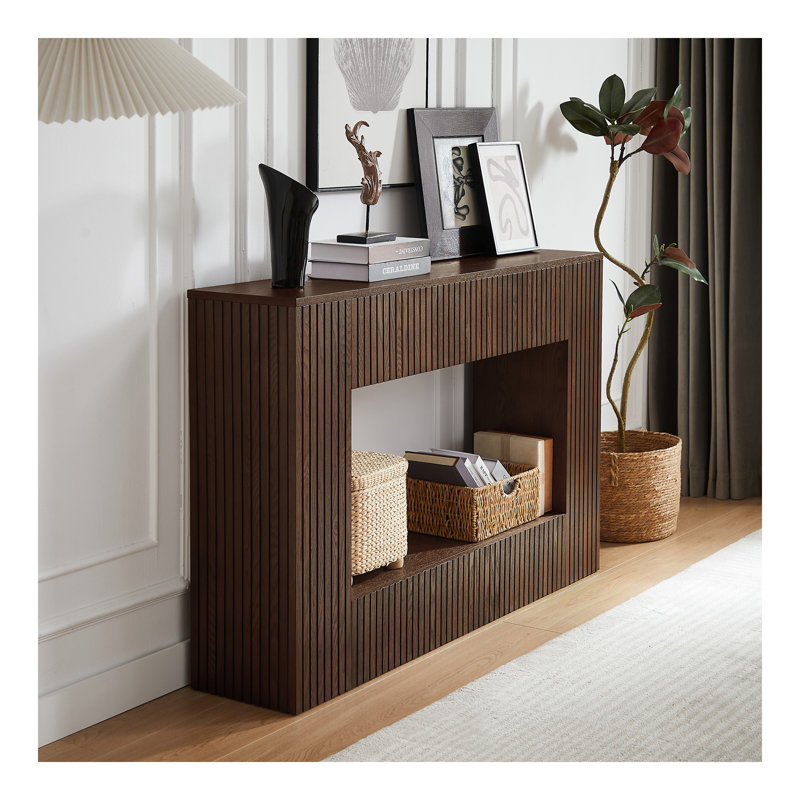 55 "Console moderne à lattes, table d'entrée étroite pour le salon ou le couloir, Noyer
