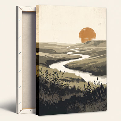 Winding River Through Rolling Hills Under Rust Sun Canvas Wall Art