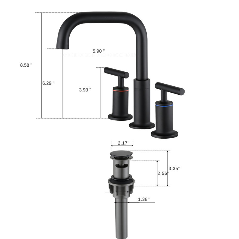 Robinet pour salle de bain 8 po avec drain escamotable, noir mat, qualité laiton noir, artisanat