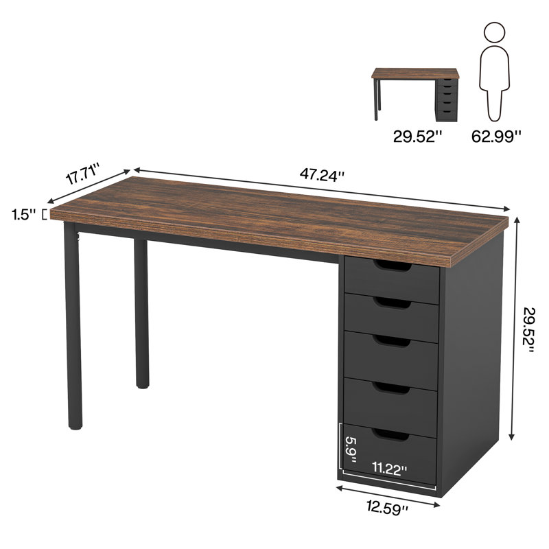 Computer Desk with 5 Drawers, Brown/Black