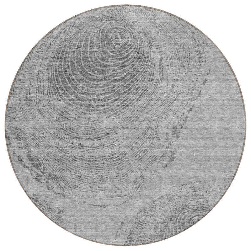 Tapis d'extérieur rond lavable abstrait argenté et gris anthracite 8 pi