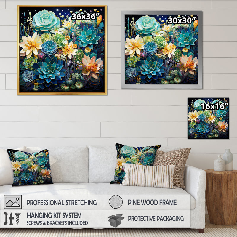 Teal Succulent Serenade - Floral Canvas Art Print, Cadre flottant noir, H 24 po x l 24 po x P 1 po
