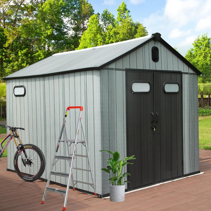Outdoor Resin Storage Shed, Waterproof Plastic Garden Shed With Lockable Door, Windows & Vents, Outside Tool Storage Shed For Patio Furniture, Lawn Mower, Bike