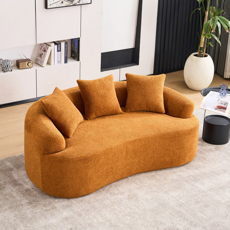 Canapé courbé avec éponge à compression complète orange, canapé compact en chenille 30D sans assemblage pour petits espaces et appartements, L 65 po, 300 lb, 3 coussins
