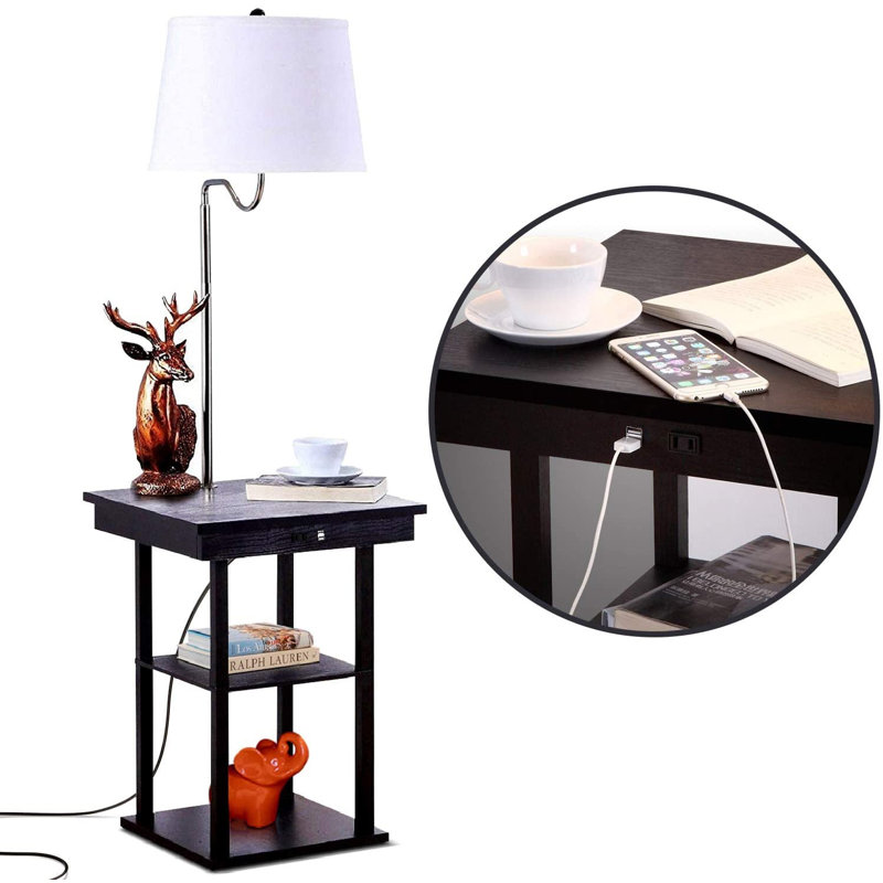 Madison Mid-Century Modern Black Wood & Metal LED Side Table with USB Port