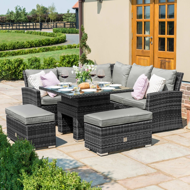 Bertrand Rattan Corner Bench Set - with Rising Table, Black, Grey