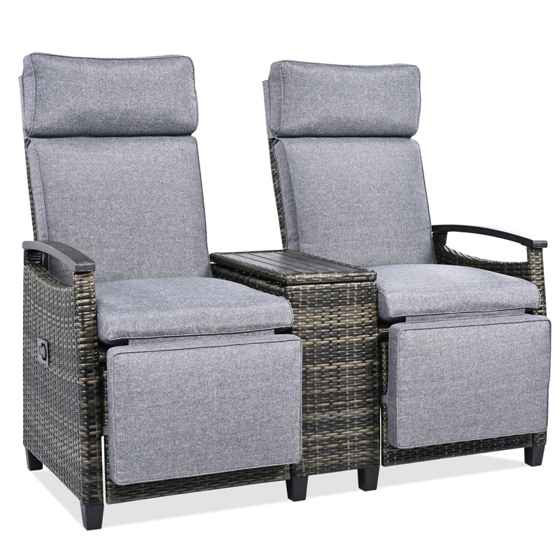 Double extérieur gris avec bois, repose-pieds réglable et fauteuil de patio toutes saisons, tissu, protection convenant au porche