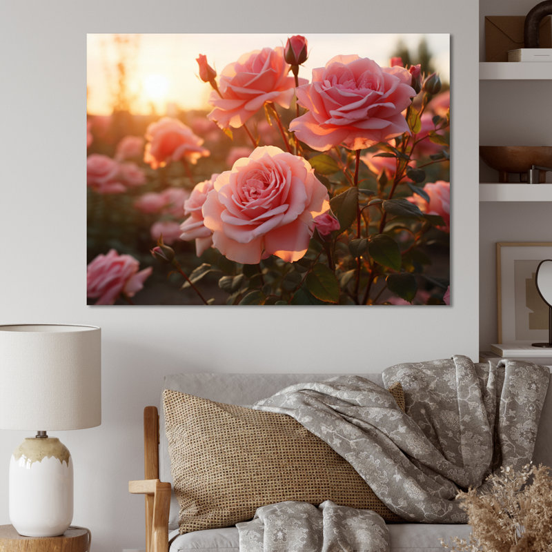Champ de roses roses avec coucher de soleil, H 34 po x l 44 po x P 1,5 po, Toile tendue