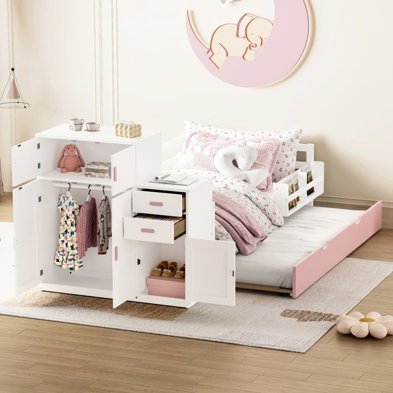 Lit simple multifonctionnel avec bibliothèque intégrée et lit gigogne, garde-robe rose blanc mobile pour les espaces de bureau pratiques et fonctionnels