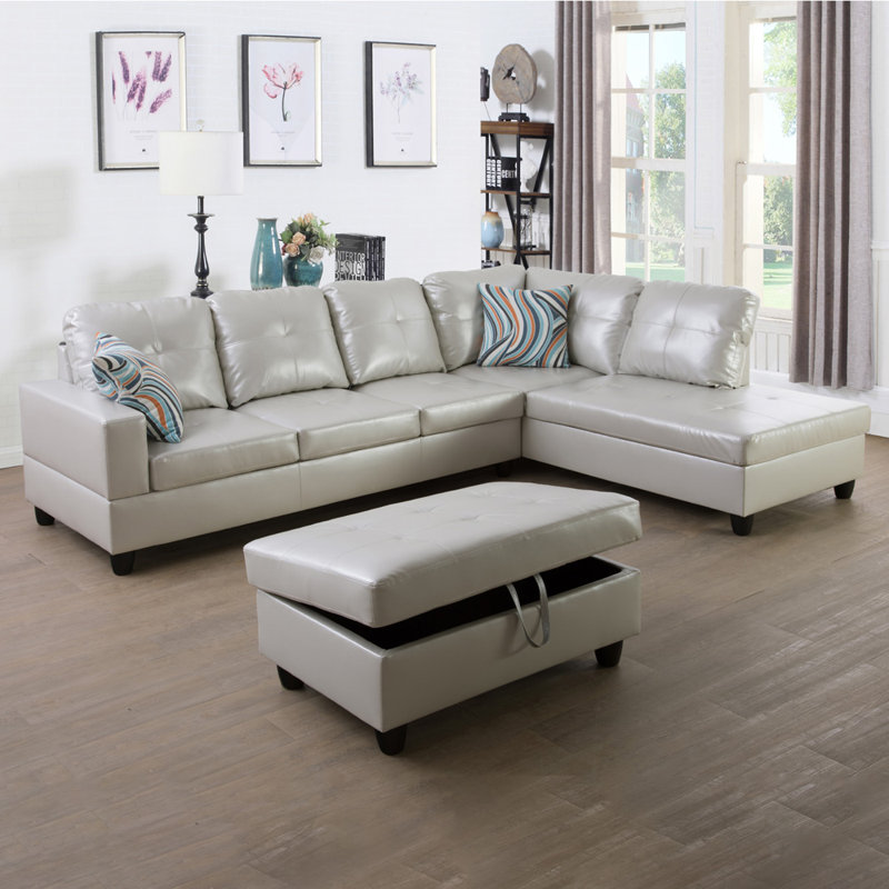 3-Piece Upholstered L-shaped Living Room Sectional, Right Hand Facing, Silver