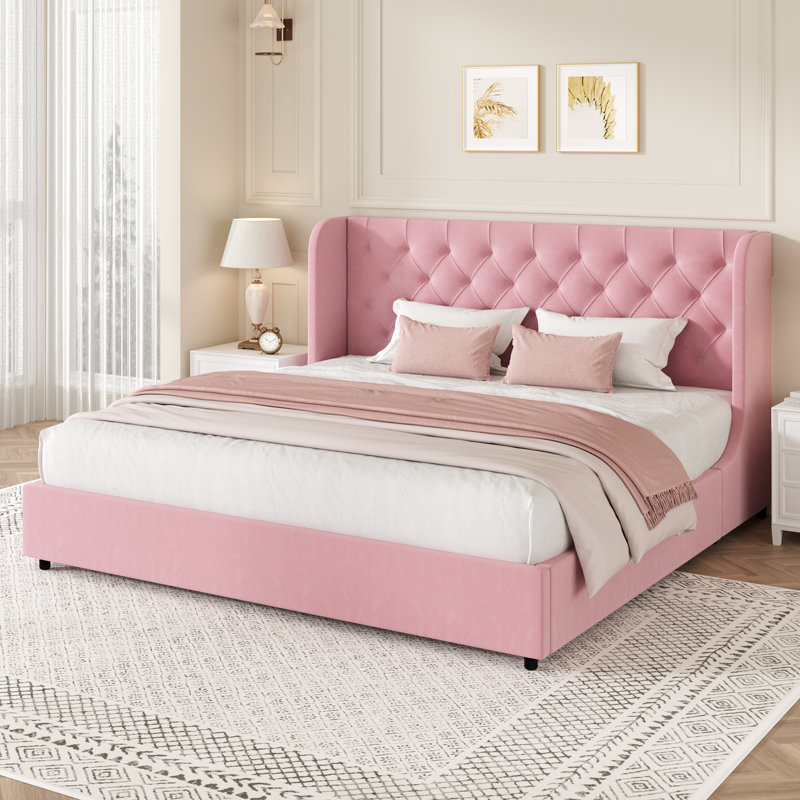 Lit plateforme tapissier Kewania Bedback, Très grand lit, Rose