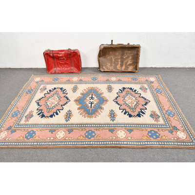 Handmade Wool Carpet With Pastel Blue And Pink Geometric Design Perfect For Bohemian Home Decor In A Vintage Turkish Area Rug Style