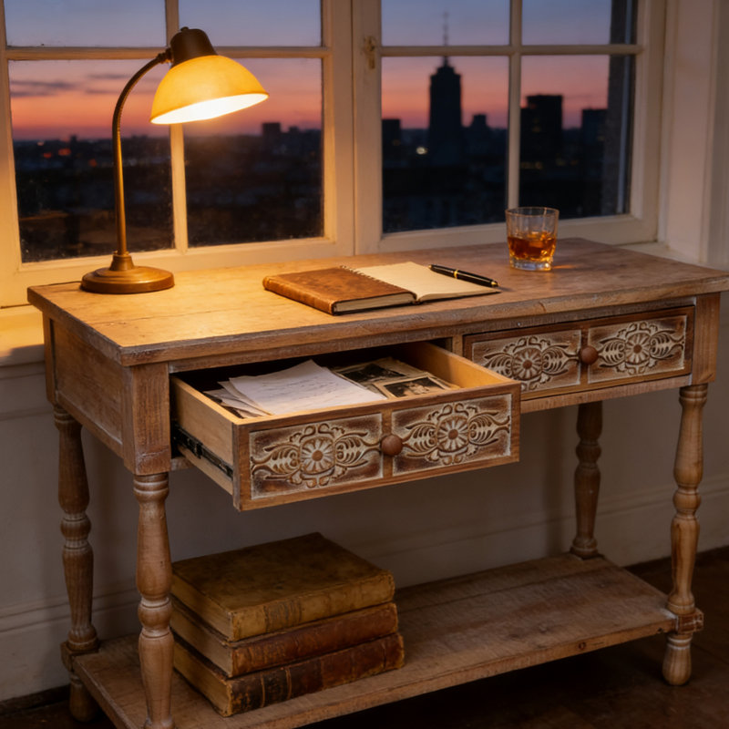 Console en bois sculpté avec 2 tiroirs et tablette ouverte