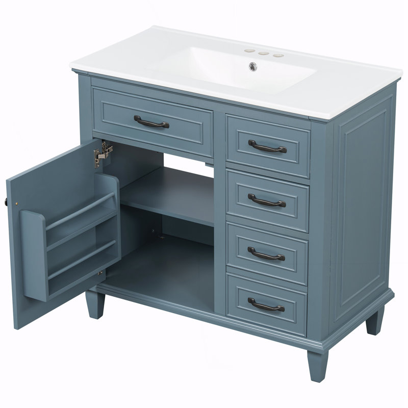 Meuble-lavabo de salle de bain avec comptoir en céramique, Bleu gris, Noir
