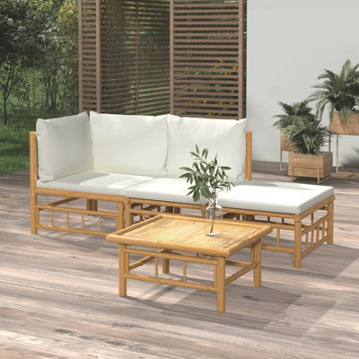 Ensemble de canapé de jardin extérieur en polyester naturel et bambou blanc crème
