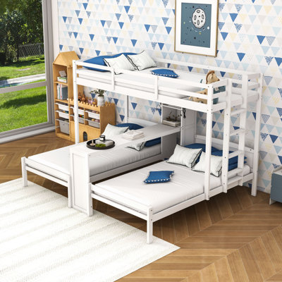 Twin over Twin&Twin Wooden Bunk Bed with Reading Lamp, Shelves and Desk