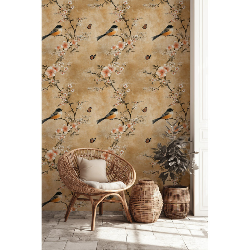 Papier peint oiseau et fleur d'oranger