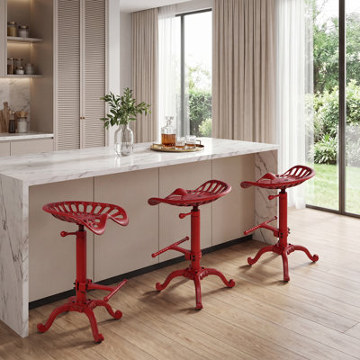 Tractor Seat Bar Stool-Rustic Industrial Bar Stool-Farmhouse Cast Iron Swivel Stool-Counter Height Adjustable-Extra Tall Pub Height-22.05-27.95 Inch (RED)