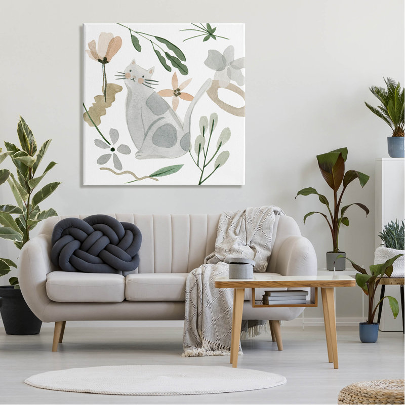 Whimsical Cat and Herbs Multicolor Canvas Wall Art
