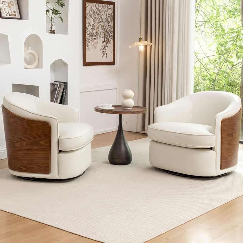 Faux Leather Swivel Barrel Chair, Beige