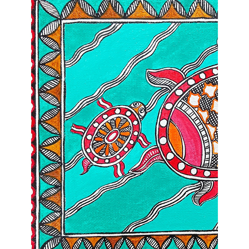 Tortue flottante avec une petite | Peinture Madhubani | Acrylique sur toile | Par Rina Patwa