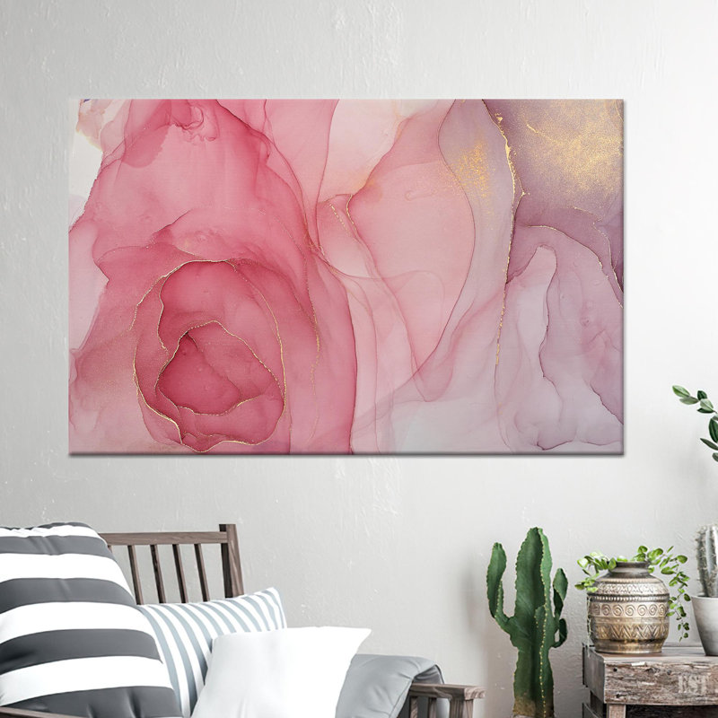 Art mural sur toile rose marbré: décor imprimé doré élégant, 1P encadrée blanche, H: 11,9 po x l: 15,8 po