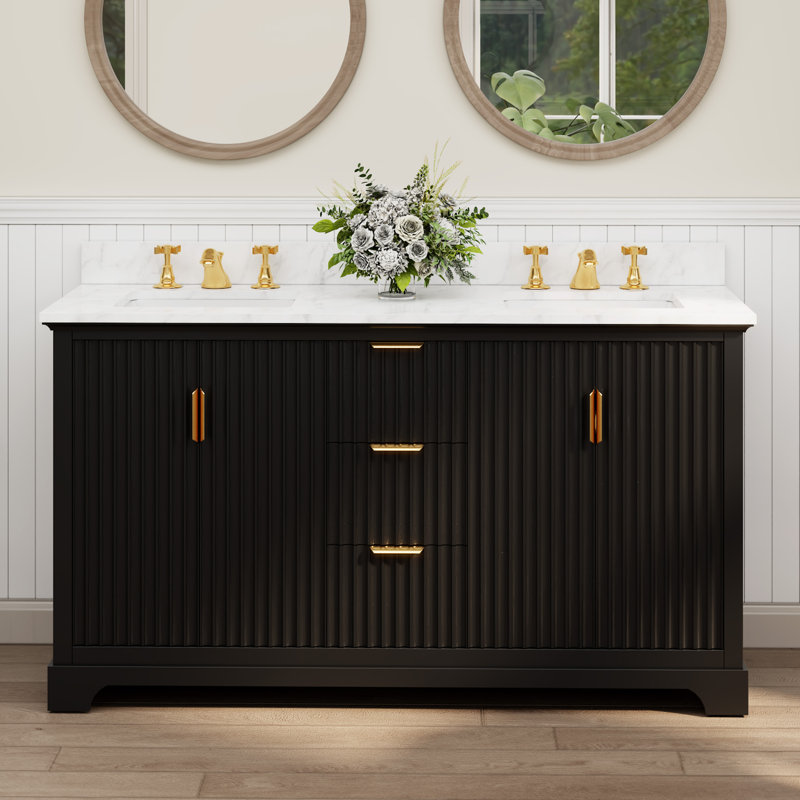 Barnhart 60" Fully Assembled Double Sink Bathroom Vanity with Marble Like Engineer Stone Top, Backsplash, Ceramic Sink, Gold Handles