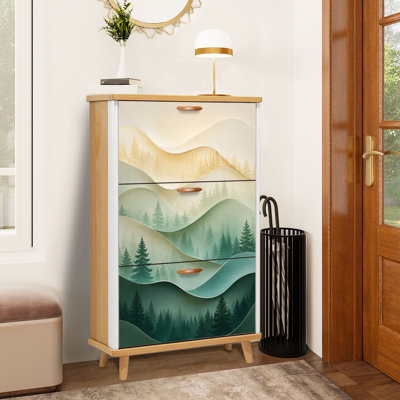 Shoe Storage Cabinet with 3 Flip Drawers for Layered Forest Landscape Gradient Green Yellow Hues Shoe Rack Storage Organizer